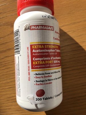 Comprimés d’acétaminophène extra fort 500 mg de marque Pharmasave (étiquette extérieure déchirée) (Groupe CNW/Santé Canada)