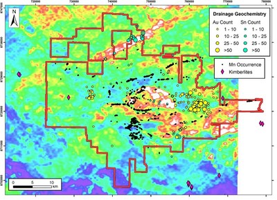 Figure 1: Distribution of manganese oxide mineralisation over CPRM “Total Count” radiometric data, along with gold and tin anomalies defined by pan concentrate stream sampling. (CNW Group/Meridian Mining S.E.)