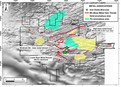 Figure 2: Simplified map of metal domains on tilt-derivative greyscale magnetics. (CNW Group/Meridian Mining S.E.)