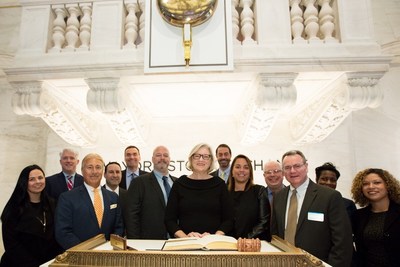 (l to r: Jaclyn Bouchard, S&P Global; Roger Fahy, CGS; Scott Preiss, CGS; Ari Marcus, Citigroup; Brendan Potter, Neuberger & Associates; Todd Sullivan, Morgan Stanley; Diane Poole, ABA; Matthew Bastian, CGS; AnnMarie Bria, DTCC; Michael Manbeck, Fidelity; Gerard Faulkner, CGS; Holly Washington, S&P Global Market Intelligence; Esmeralda Estrella, S&P Global Market Intelligence) PHOTO CREDIT: NYSE