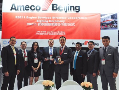 Sal Marino, Senior Vice President Aviation Services, for AAR, (center, left) with Bin Teng, General Manager of Marketing and Sales, Ameco, (center, right) at the signing ceremony at MRO Asia-Pacific in Singapore.