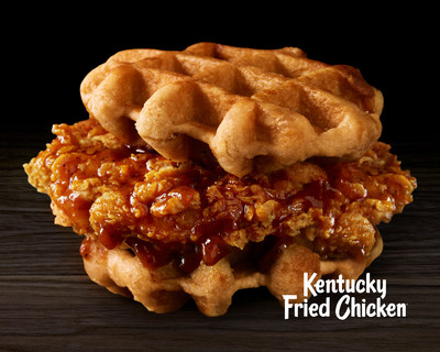 Kentucky Fried Chicken & Waffles is also available as a sandwich featuring KFC's recently-introduced sweet-heat Hot Honey fried chicken as a breast fillet in between two waffles, creating a decadent sandwich.