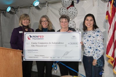 PenFed Foundation presents Canine Companions for Independence with a $50,000 donation check during the Diamonds in the Ruff event on November 10, 2018 at the Northeast Region's Miller Family Campus in Medford, NY. [Right to Left: Canine Companion's Debra Dougherty and Paige Mazzoni with PenFed's Lisa Jennings and Emma Phillips]