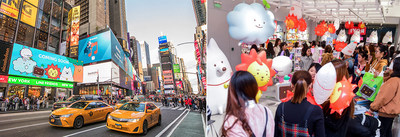 (left) Digital signage of ROY6 prologue clip on LINE FRIENDS New York Times Square store / (right) ROY6 merchandises at LINE FRIENDS store in Chongqing in China