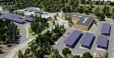 Rendering of a planned 1.12-megawatt SunPower Helix solar project paired with a 470-kilowatt (940-kilowatt hour) integrated energy storage system at Cabot's Business and Technology Center in Billerica, Massachusetts. It will be supported by the new Solar Massachusetts Renewable Target (SMART) Program which was established by Massachusetts Department of Energy Resources (DOER) to encourage development of solar in the state.
