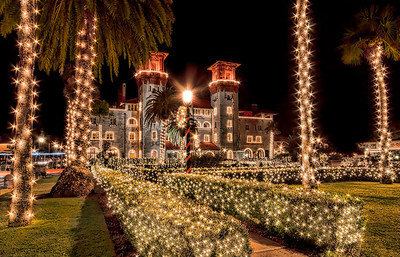 White lights drape the unique Spanish Colonial architecture and glow from the sidewalks to the rooftops, throughout approximately 20 blocks of St. Augustine, Florida's historic district.  Credit to FloridasHistoricCoast.com