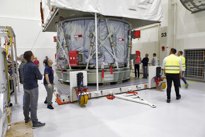 Engineers and technicians from ESA (European Space Agency) and ESA contractor Airbus use a crane to uncrate the European Service Module for NASA's Orion spacecraft at NASA's Kennedy Space Center in Florida on Nov. 16, 2018. The service module will provide power and propulsion for the Orion spacecraft for Exploration Mission-1, a three-week mission around the Moon. The service module also will house air and water for astronauts on future missions.