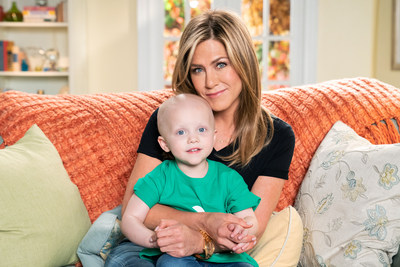 Jennifer Aniston smiles alongside St. Jude Children's Research Hospital patient Hadley. Aniston joins Sofia Vergara, Michael Strahan, Luis Fonsi, Jon Hamm and Marlo Thomas for the 15th Annual St. Jude Thanks and Giving campaign.