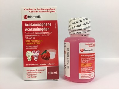 Biomedic Acetaminophen (160 mg/5 mL) children's syrup, strawberry flavour (lot B0504-A) (CNW Group/Health Canada)