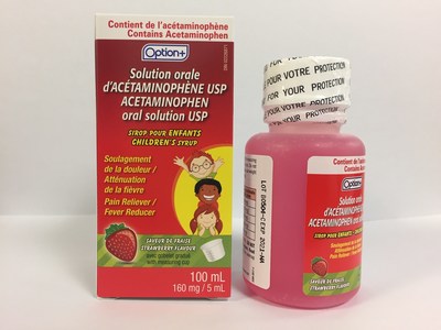 Option+ Acetaminophen (160 mg/5 mL) children's syrup, strawberry flavour (lot B0504-C) (CNW Group/Health Canada)
