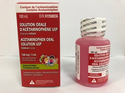 Solution orale d'acétaminophène (160 mg/5 ml) à saveur de fraise pour les enfants, de marque Laboratoires Trianon Inc. (lot B0504-E) (Groupe CNW/Santé Canada)