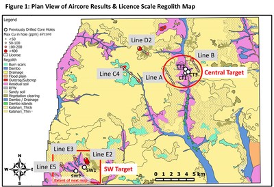 Figure 1. Plan View of Aircore Drilling Results & Licence Scale Regolith Map (CNW Group/BeMetals Corp.)