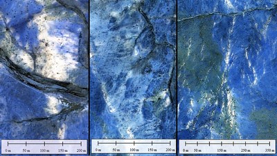 Figure 5. Filtered snapshots of selected areas of Figure 3 (above) showing details of quartz structures, and alteration minerals dispersed on surface. (CNW Group/Pacton Gold Inc.)