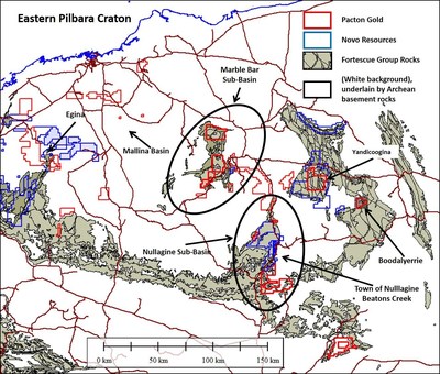 Figure 2. Simplified geology of the eastern part of the Pilbara craton, showing Pacton holdings, and the location of the Boodalyerrie tenement. (CNW Group/Pacton Gold Inc.)