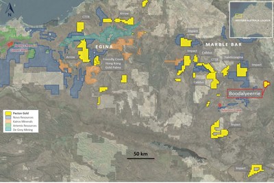 Figure 1.  Location of Pacton Pilbara holdings, showing Boodalyerrie tenement. (CNW Group/Pacton Gold Inc.)