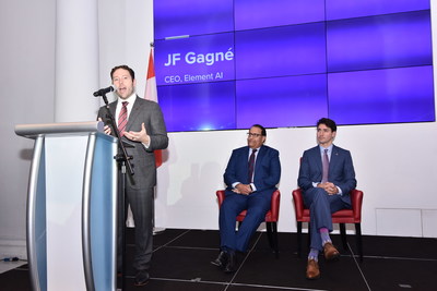 Jean-François Gagné, CEO at Element AI giving his speech at Element AI's event in Singapore, witnessed by Minister S Iswaran, Singapore's Minister for Communications and Information (Left) and The Right Honourable Justin Trudeau, Prime Minister (CNW Group/Element AI)