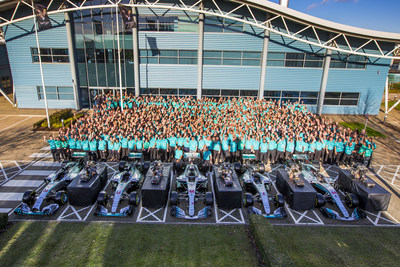 Mercedes' Brixworth employees celebrate the team's fifth consecutive double title.