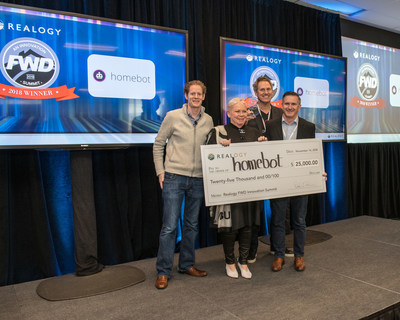 L to R: 2018 Realogy FWD Innovation Summit hosts Eric Chesin,  Senior Vice President, Head of Strategy, and Sherry Chris, President & CEO, Better Homes and Gardens® Real Estate LLC with competition winners Homebot: Ernie Graham, co-founder and CEO, and Michael Lynch, COO/CPO.