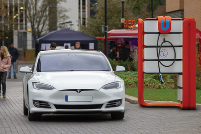 ZAPINAMO ‘STREETHUBZ’ unit shown here at the University of Warwick. It can easily fit over a standard 3 or 7kW Grid connection to provide a ‘Power Boosted’ rapid charge up to 50kW, punching well above its weight. Its ergonomic design also lets it fit in space saving corners of car parking bays.