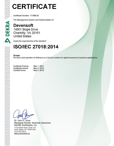 Devensoft ISO 27018 certificate