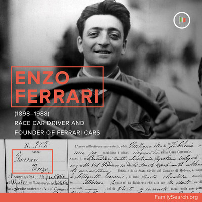 Enzo Ferrari, founder of Ferrari sports cars. His civil registration birth certificate says he was born in Modena, Italy, February l8, 1898.