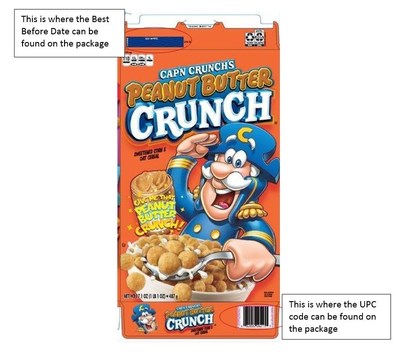 Cap'n Crunches Peanut Butter Crunch cereal and where to find the Best Before Date and UPC code