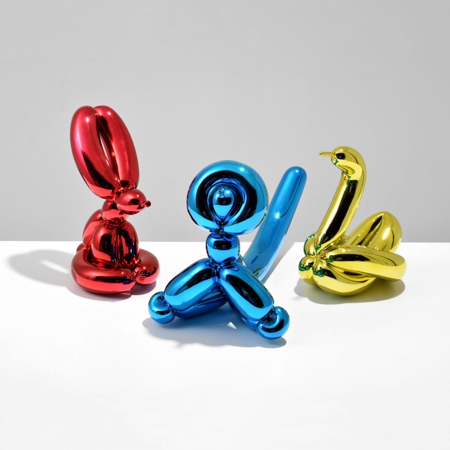 Jeff Koons, (American, 1955-), metallic Limoges porcelain animals: Balloon Swan (Yellow), Balloon Rabbit (Red) and Balloon Monkey (Blue). Ed. of 999, artist-signed, marked, individually boxed. Estimate: $40,000-$60,000