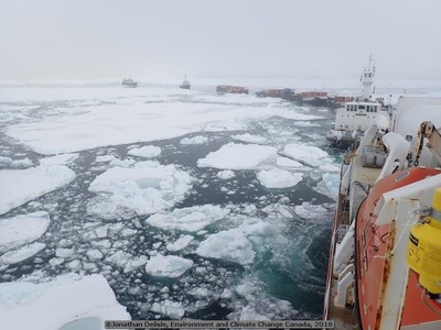 The CCGS Sir Wilfrid Laurier provides an escort for the MTS tug Kelly Ovayuak and vessels David Thompson and Frosti in the Beaufort Sea off Cape Bathurst, Northwest Territories. (CNW Group/Fisheries and Oceans Central & Arctic Region)