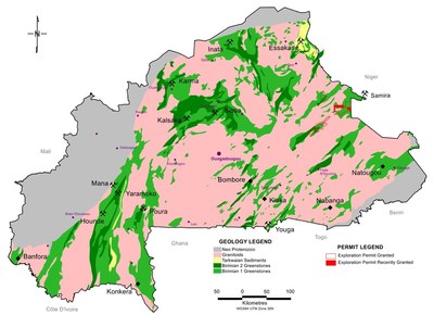 Figure 1: Burkina Faso Geology with Progress Permit Locations (CNW Group/Progress Minerals Inc.)