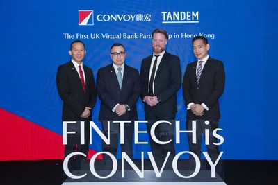 Starting from the left Mr. Patrick Ho, Chief Digital Officer of Convoy Global Holdings Limited, Mr. Ng Wing Fai Group President and Executive Director of Convoy Global Holdings Limited, Mr. Ricky Knox, Chief Executive Officer & Co-founder of Tandem and Mr. Michael Yap, Head of Venture Capital of Convoy Global Holdings Limited announced the strategic partnership during the press conference.