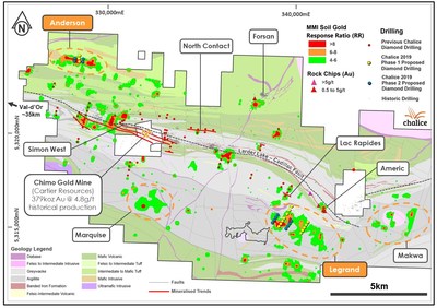 Figure 1. Planned 2019 DDH collars over MMI gold-in-soil and interpreted geology (CNW Group/Chalice Gold Mines Limited)