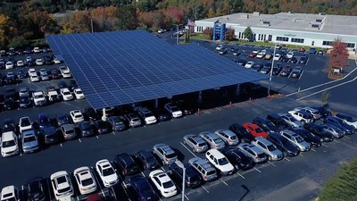 Comcast Northeast Division's solar carport, including four electric vehicle charging stations in Manchester, NH.