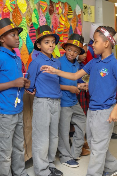 CCCS students in Thanksgiving Play dressed as Pilgrims and Indians