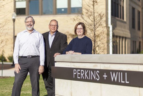 (L-R) Perkins+Will’s Director of Specifications, Senior Associate, Henry D’Elena, with Associate Principal, Technical Director, David Combs and Senior Associate, Director of Specifications Holly Jordan. Photo Credit: Perkins+Will Dallas Office.