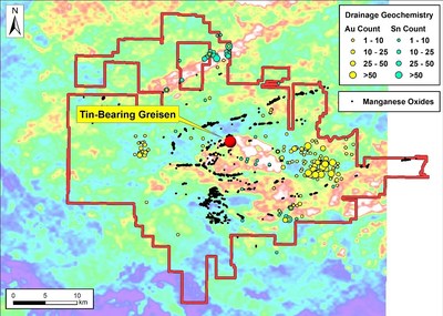 Figure 1: Overview showing the location of the newly discovery tin-bearing greisen in the central part of the project area associated with elevated total count radiometric response. (CNW Group/Meridian Mining S.E.)