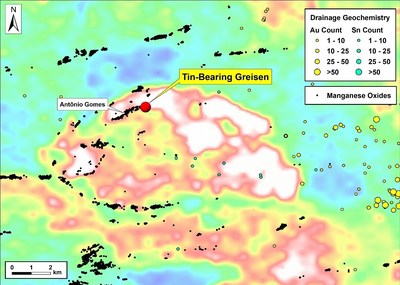 Figure 2: Detail of the tin-bearing greisen location, on the southern flank of a total count radiometric high, along strike from Antônio Gomes manganese deposit. (CNW Group/Meridian Mining S.E.)