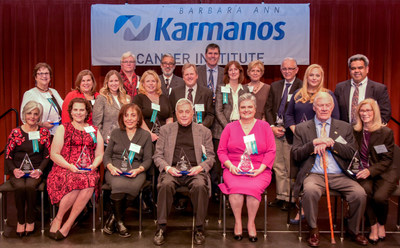 Karmanos Cancer Institute in Detroit honored its 2018 Heroes of Cancer at a recent awards ceremony. This year’s event marked Karmanos’ 24th year of recognizing outstanding recipients who go above and beyond to help those impacted by cancer. This year’s inspiring honorees are: back row left to right: Bridget Long, Paul Corvino, John Raithel and Terrance Albrecht; second row, Rosanne Ferrarotti, Gianna Ferrarotti, Rachael Cook, Lori Stauffer, Larry Matherly, Ann Schwartz, Dr. Anthony Uberti, Kristen Jordan Shamus and Dr. Abhinav Deol; seated are Sheila Sky Kasselman, Kimberlie Newton, Hiam Hamade, Larry Brown, Josephine Roach, Jack Ripper and Cathy Ripper. Missing from the photo is Dr. Jeffrey Zonder. Photo by Timothy Haunert