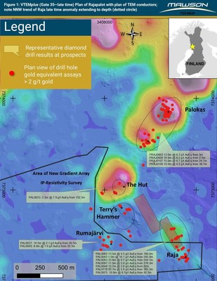 Figure 1: VTEMplus (Gate 35-late time) Plan of Rajapalot with plan of TEM conductors; note NNW trend of Raja late time anomaly extending to depth (dotted circle) (CNW Group/Mawson Resources Ltd.)