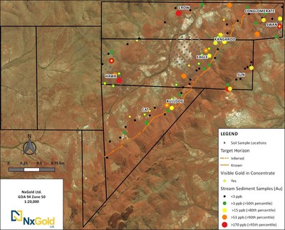 Figure 1: Stream sediment sample results compiled with Gridded Soil Sample locations from the Mt. Roe Project (CNW Group/NxGold Ltd.)