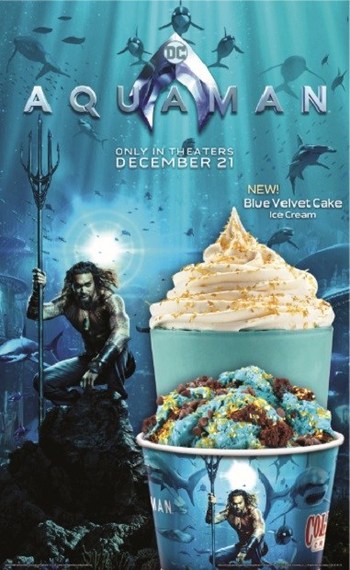 Aquaman’s Blue Velvet Brownie Creation features Blue Velvet Cake Ice Cream with Brownie, Chocolate Chips and Edible Glitter. Aquaman’s Blue Velvet Shake is made with Blue Velvet Cake Ice Cream with Yellow Cake garnished with Whipped Topping and Edible Glitter.