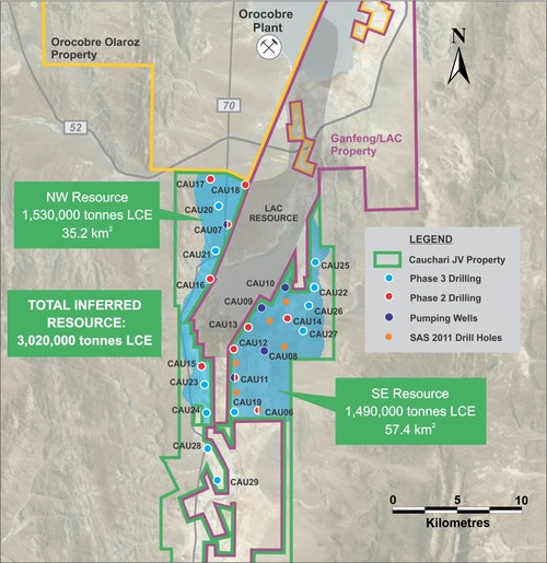 Figure 1: Location of drill holes mentioned in this release, showing the inferred resource area (CNW Group/Advantage Lithium Corp)