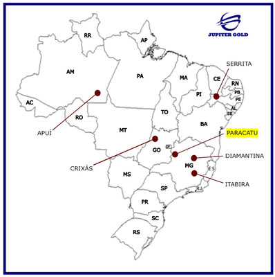 Jupiter Gold’s 100%-owned mineral landbank totals over 95,000 acres in six projects as shown in the figure below, where the Paracatu Gold Project is also highlighted