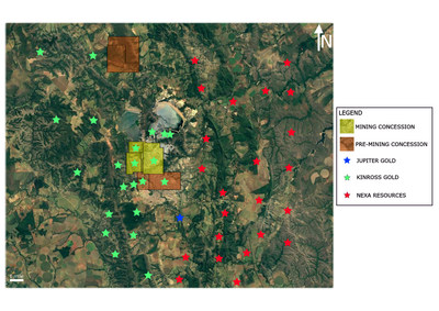 Jupiter Gold’s Paracatu Gold Project is identified by a blue star. Gold areas owned by Kinross Gold and Nexa Resources have green and red stars as identifiers, respectively