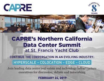 CapRate (CAPRE) is pleased to announce its Eighth Annual Northern California Data Center & Cloud Infrastructure Summit for February 26, 2019 at St. Francis Yacht Club in San Francisco. The popular annual summit is expected to convene 400+ data center real estate and technology infrastructure executives.