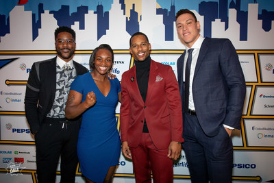 GENYOUth Gala, New York City, November 27, 2018: Keynote panel speakers comprised of CBS and NFL Network TV host and former NFL wide receiver, Nate Burleson, two-time Olympic gold-medalist boxer, Claressa Shields, Super Bowl champion and former New York Giants wide receiver, Victor Cruz, and New York Yankees star, Aaron Judge.