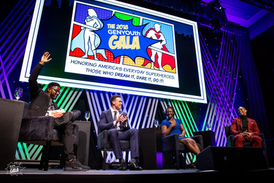 GENYOUth Gala, New York City, November 27, 2018: Keynote panel discussion moderated by CBS and NFL Network TV host and former NFL wide receiver, Nate Burleson with New York Yankees star, Aaron Judge, two-time Olympic gold medalist boxer Claressa Shields, and Super Bowl champion and former New York Giants wide receiver, Victor Cruz.