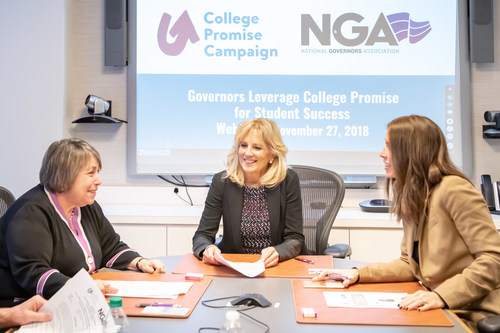 Leaders discuss ways to grow a new partnership between the College Promise Campaign and National Governors Association. Left to right: Dr. Martha Kanter, executive director, College Promise Campaign; Dr. Jill Biden, honorary chair, College Promise National Advisory Board; and Krissy DeAlejandro, executive director, tnAchieves.
