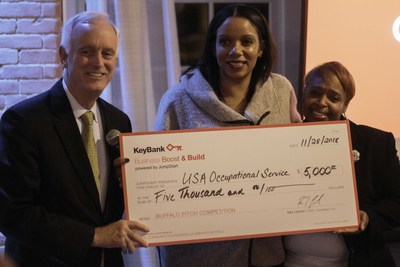 USA Occupational Services won the $5,000 grand prize at the KeyBank Business Boost & Build Buffalo Pitch competition on November 28th.
Pictured (from left) are Buford Sears, KeyBank Buffalo Region Market President; Tamika Otis, KeyBank Business Boost & Build New York Program Manager; and Laythanette Shine, Owner and Operator, USA Occupational Services.