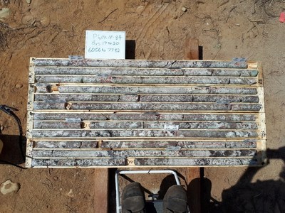 Figure 2 PWM-18-84, boxes 17 to 20, 60.56-77.82 m, spodumene granite (boxes 17 to 19) and spodumene pegmatite (boxes 19 and 20), Main Dyke, Case Lake. (CNW Group/POWER METALS CORP)