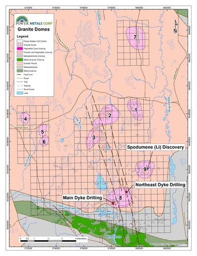 Figure 6 Case Lake geology map showing the location of 9 domes and spodumene discovery on Dome 9. (CNW Group/POWER METALS CORP)